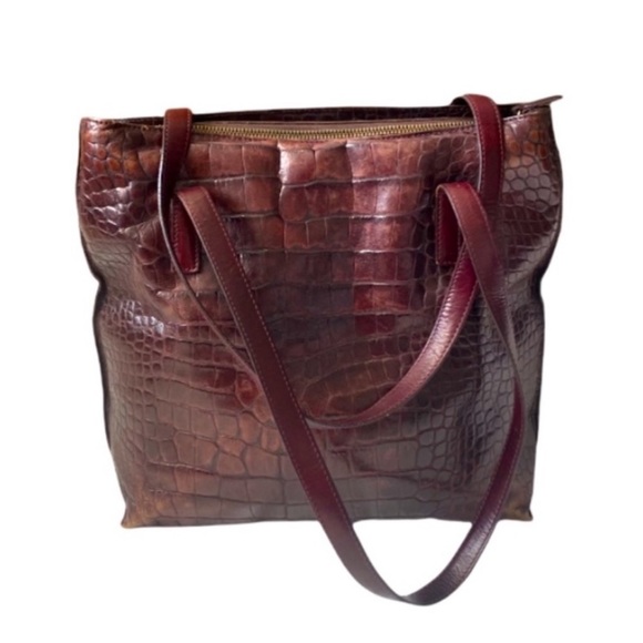Vintage Brown Leather ( embossed like Crocodile ) Handbag with Plaid Interior - Picture 2 of 12
